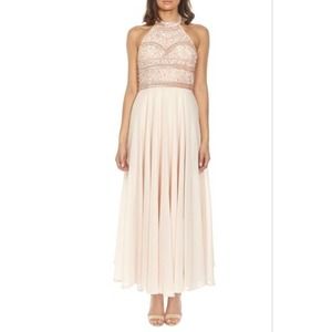 Lace & Beads Women's Sunrise Embellished Halter Maxi Dress in Nude Size Large